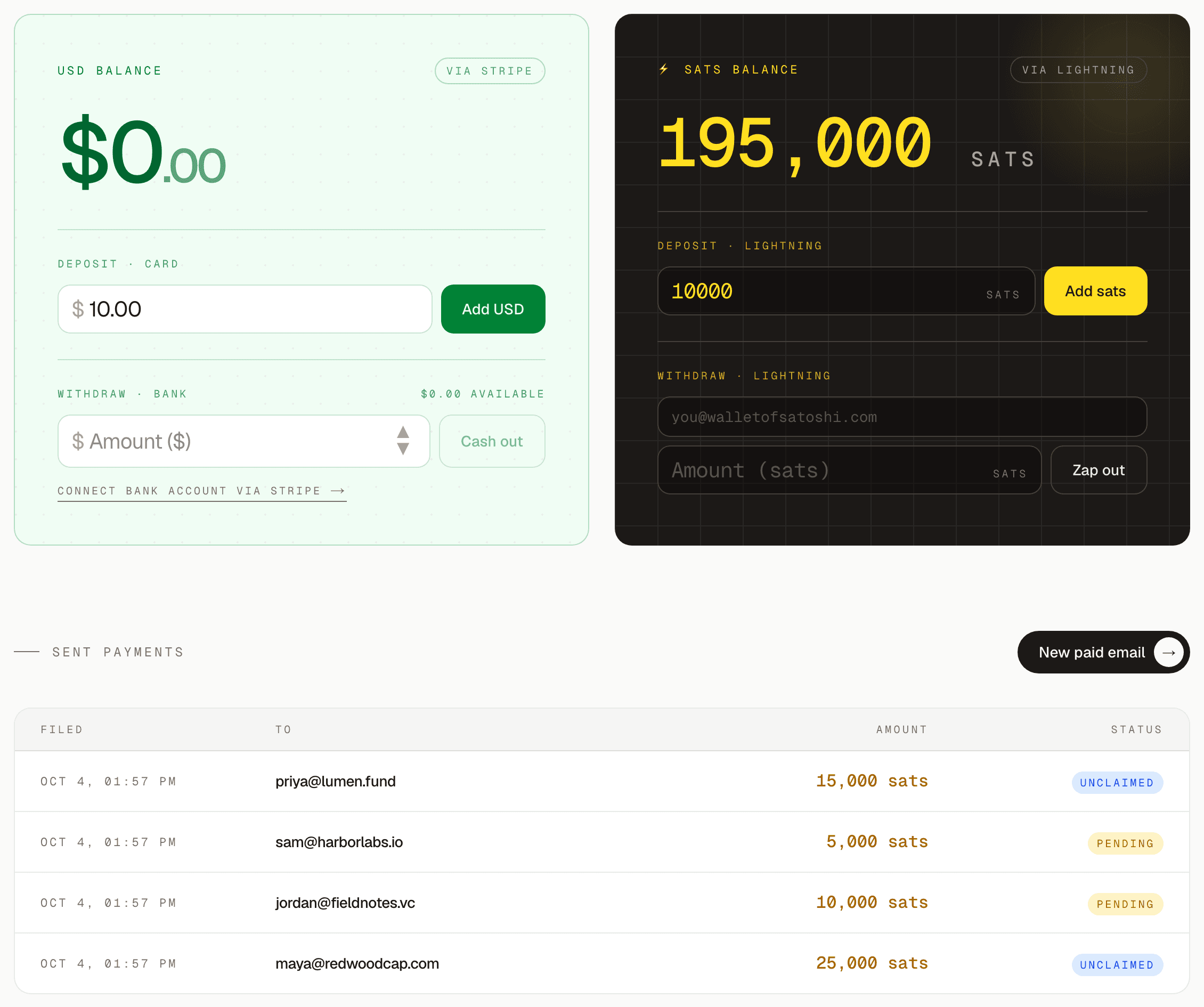 The PaidMail dashboard: USD and sats balances above a list of sent payments and their status.